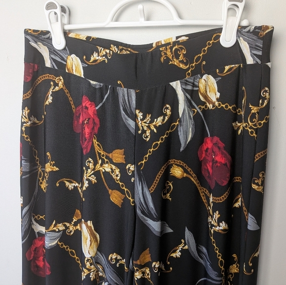 LAURA Women Wide Leg Pants Size 6 Black Red And Gold Colors Stretch Chains Roses - Picture 2 of 8